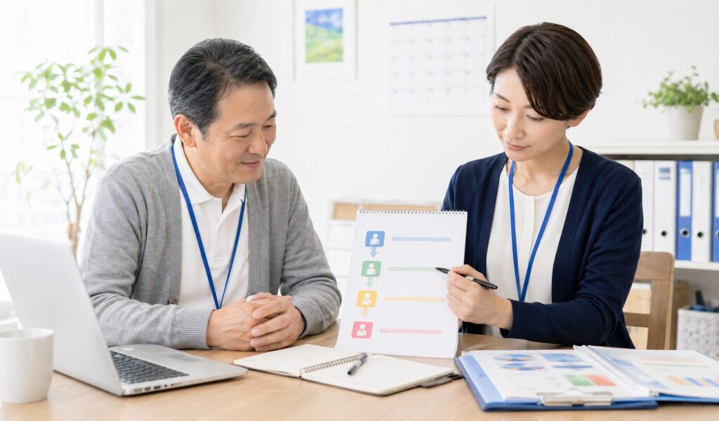 ケアマネジャーのキャリア段階ごとの転職時期を確認するイメージ
